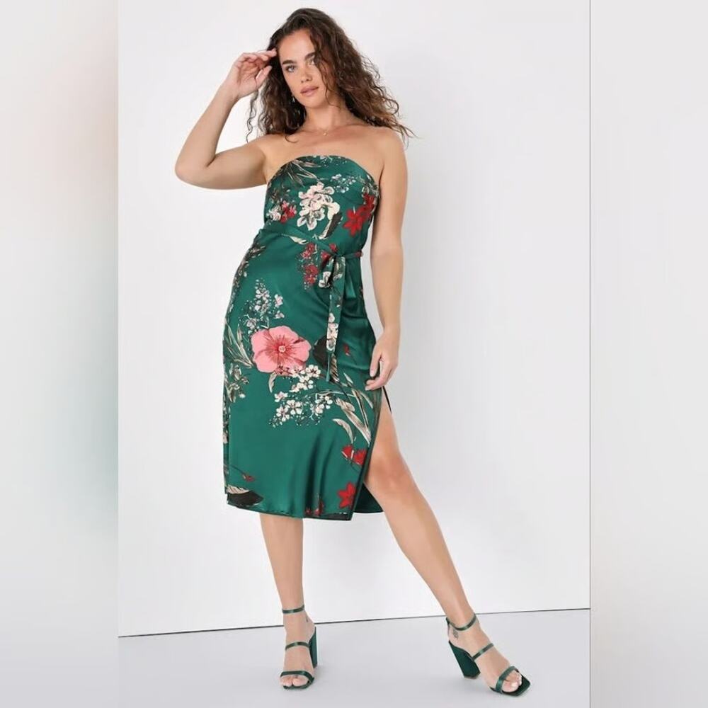 Lulu's Emerald Green Floral Strapless Midi Dress